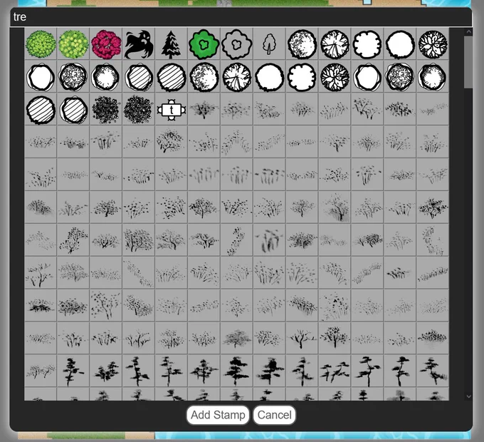 Hundreds of different new tree stamps in Dungeon Map Doodler program