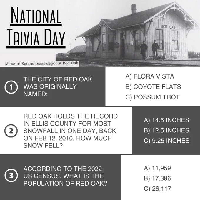 Vintage image of the Red Oak Train depot with three questions: what was Red Oak originally named, what's the record snowfall amount in one day in Red Oak, and what is the current population of Red Oak?