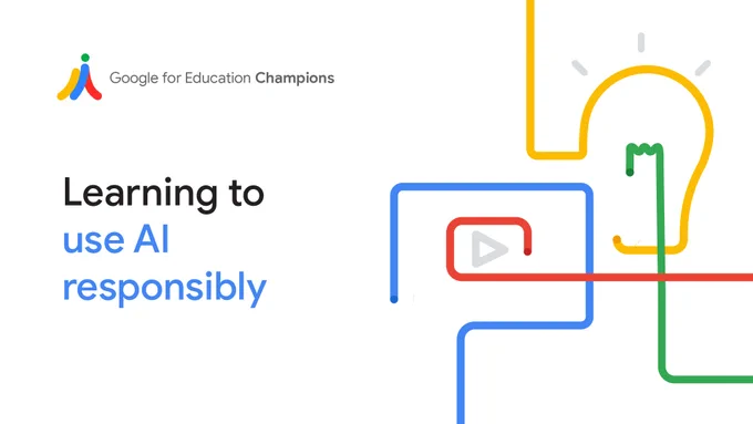 Lines that form the shapes of a lightbulb and a screen with the play button on it. Text reads: Learning to use AI responsibly