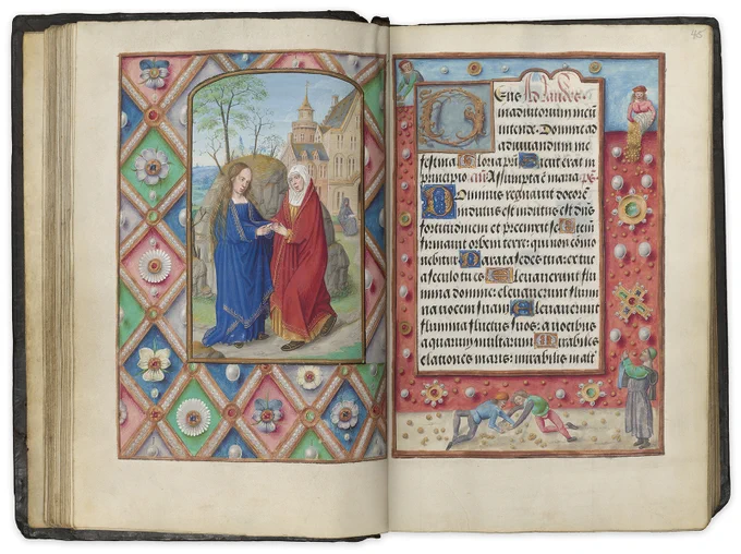 Visitation and Shower of Coins
Book of Hours
Illuminated by the Master of Sir 
George Talbot
Belgium, Bruges, ca. 1500
The Morgan Library & Museum, New York, MS M.390, fols. 44v–45r. Photography by Janny Chiu.