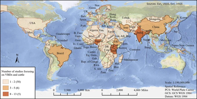 Fig 2. World map representing countries and number of studies included in this systematic review.
The direct link to the basemap layer from ESRI: https://www.arcgis.com/home/item.html?id=b9b1b422198944fbbd5250b3241691b6>