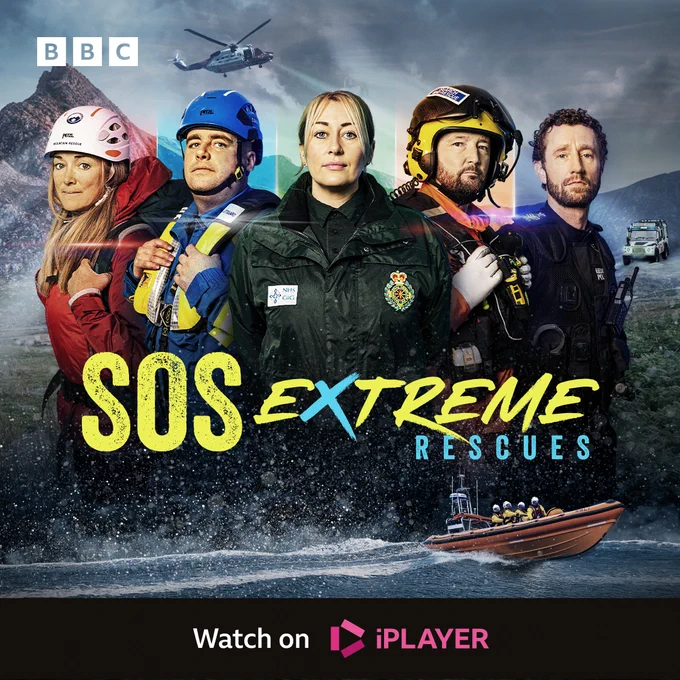 A promotional graphic for TV series SOS: Extreme Rescues, featuring representatives from different emergency services including coastguard, mountain rescue and the ambulance service.