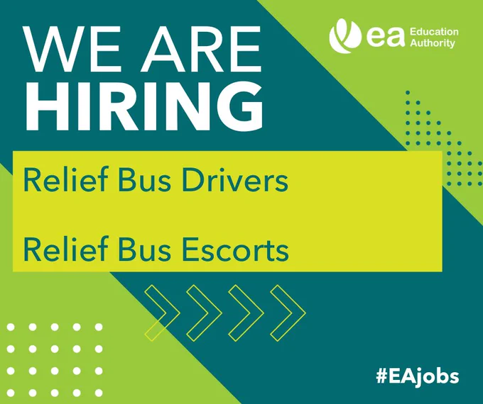 Image with text - We are hiring. Relief Bus Drivers. Relief Bus Escorts.