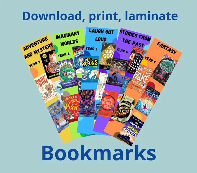 Download, print, laminate Bookmarks with a selection of images of some of the year group brightly coloured bookmarks