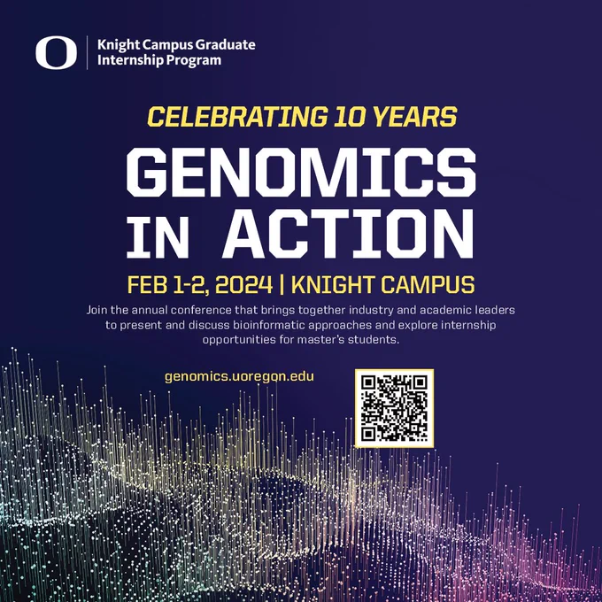 A multicolor graphic with information about the Genomics in Action conference at the University of Oregon