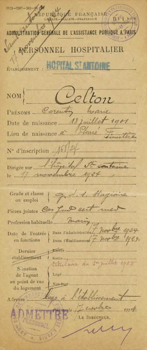 Fiche d’immatriculation à l’Assistance publique, 1924-1934 (Archives AP-HP, 749/W/FOSS/1).