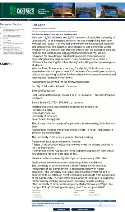 Post Doctoral Researcher Job Specification