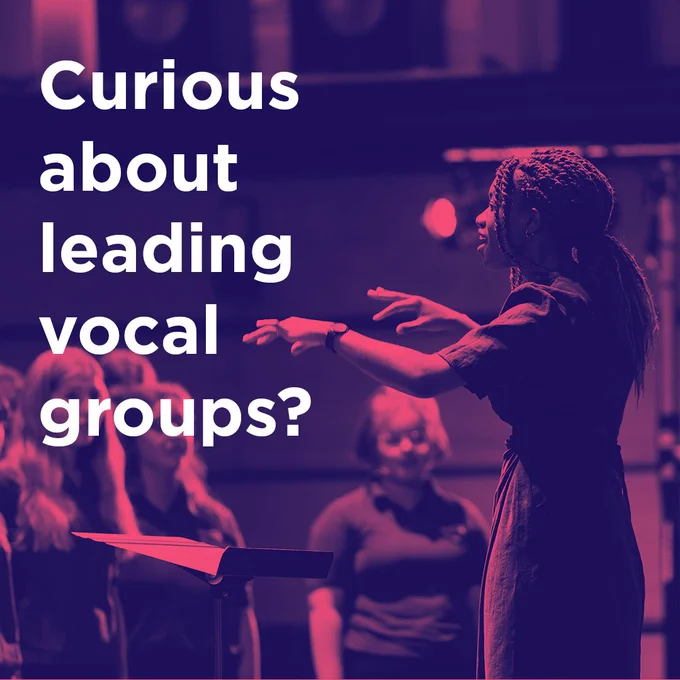 A female conductor with braids leads a youth choir. Text: Curious about leading vocal groups?