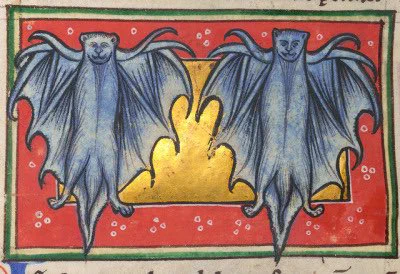 A medieval drawing of two light blueish grey bats side by side with wings outstretched against a gold background