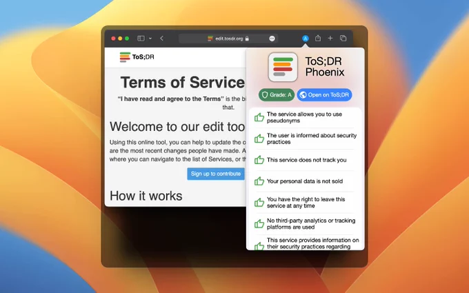 A Screenshot of the Safari Browser with the new ToS;DR Extension showing a summary of the terms of service and privacy policy of the website that is currently open.