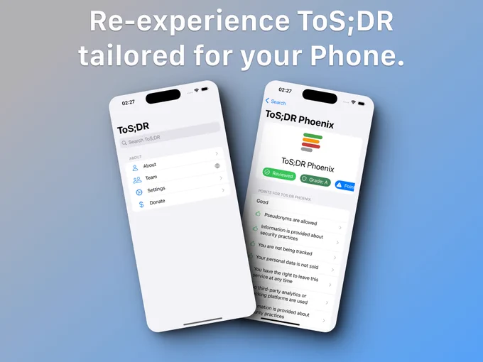 Two Screenshots showing the new ToS;DR app for IOS. 