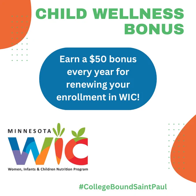 Text: Child Wellness Bonus. Earn a $50 bonus every year for renewing your enrollment in WIC. Image of WIC logo. 