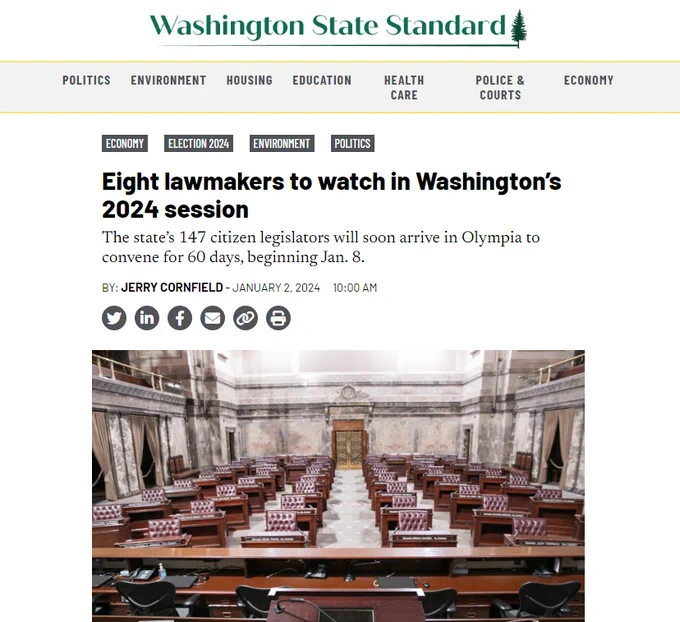 Newspaper headline: "Eight lawmakers to watch in Washington's 2024 session" by Jerry Cornfield, and a photo of the Senate chambers