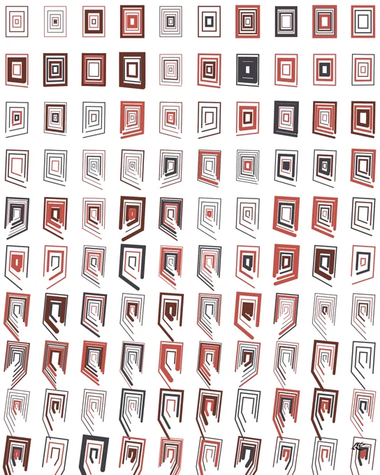 A grid of concentric rectangles falling into chaos as we move down the page: the rectangles are more askew and the bottom edge is falling open more and more. Limited palette: black and some rusty browns.