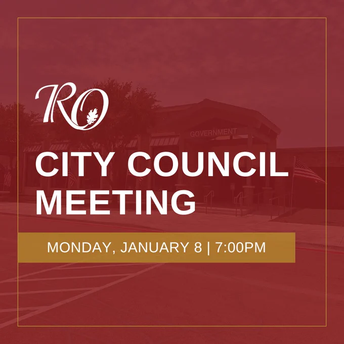 Red Background with text City Council Meeting, Mon. Jan. 8, 7pm.