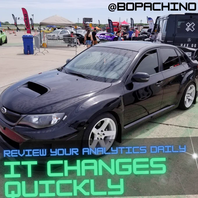 This is an original photo taken of a Subaru WRX STI at a motorsports racing event in Ontario Canada. This photo of the Subaru also known as a Subie is being used by Bopachino, a digital marketing agency in Mississauga, Ontario, Canada to promote a unique marketing message. The message that is being promoted is that small business owners who do digital marketing should regularly review their data analytics such as on Google Analytics or social media analytics like that found on Facebook, Instagram, Twitter (also known as x), and TikTok. #AnalyticsDriven #OptimizationStrategy #DataInsights #digitalmarketing #digitalmarketingagency