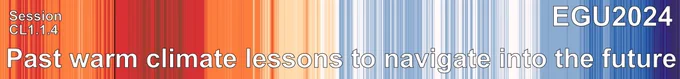 Show your stripes image for Cenozoic temperatures, with text superimposed saying: Session CL1.1.4 Past warm climate lessons to navigate into the future, EGU2024