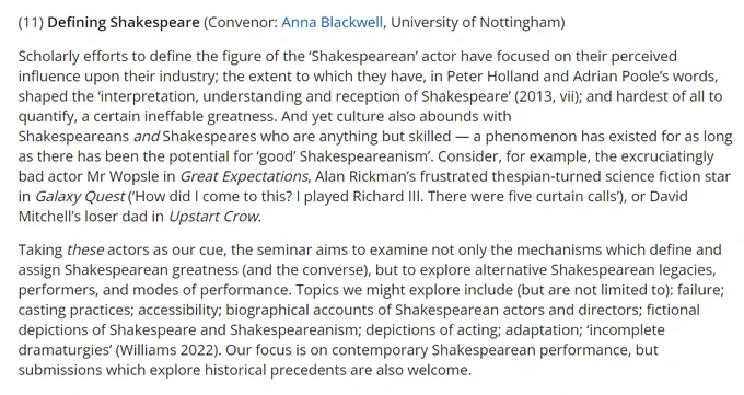 Screen shot of the seminar description, 'Defining Shakespeare'. For the full description, follow the link in the original post from the British Shakespeare Association. 
