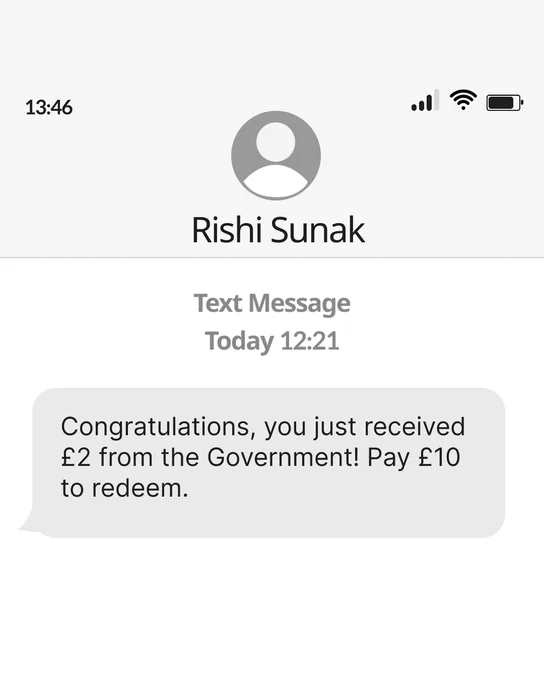 Scam text message with text: 'Congratulations, you just received £2 from the Government! Pay £10 to redeem.'