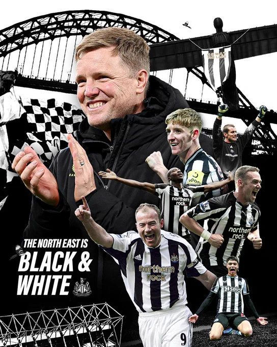 Graphic celebrating our derby win which says 'The North East is Black & White'