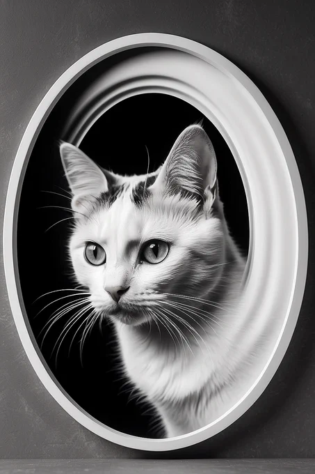 high quality, beautiful and 3D effect black and white cat image suitable for laser engraving contained in a decorative oval frame with gravitational waves, beautifully designed wavelengths, very weak vibrations caused by fluctuations in the gravitational field of the universe, wave nature, stretching and compression, by yukisakura,

