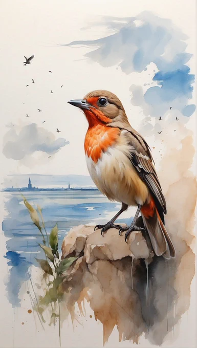 A stunning postcard drawn with a brush and in which kolorowe indyki gęśyou see a little bird that escapes and flies to freedom, to the distant and longing horizon that awaits it, brushstrokes gołębie
