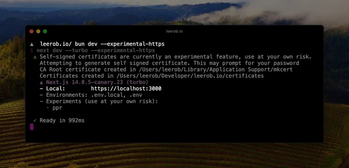 Terminal output from next dev --experimental-https.