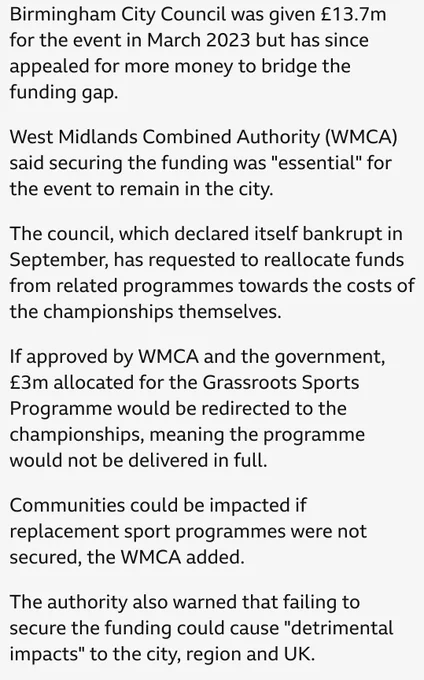 The text suggests that £3m allocared for the Grassroots Sports Programme would be redirected to the championships 