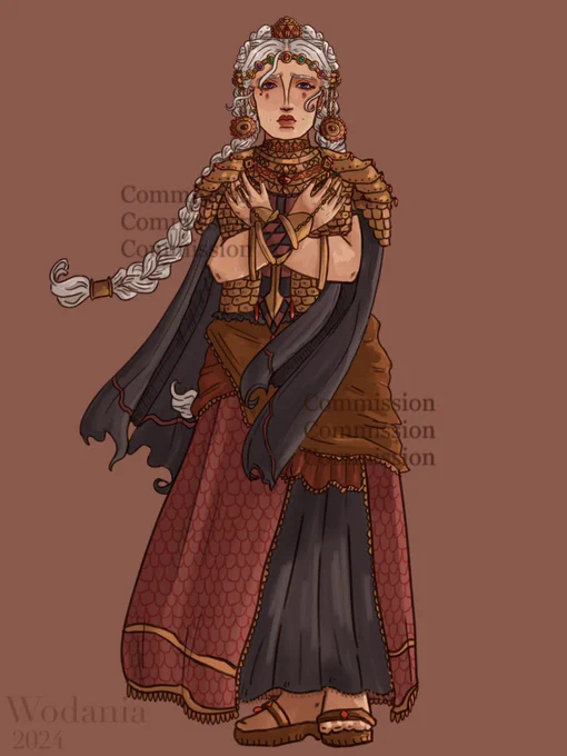 a full body piece of queen rhaenyra. she is posed with her hands crossed over her breast. she has a grieved expression on her face. her hair is elaborately braided with twin braids falling down her back and blowing in the wind. she wears a golden chest plate with elaborate shoulder armour with ruby details. below her chest plate she wears layered skirts in shades of orange, red and in black. she wears sandles with rubies. she wears the crown of jaehaerys, a golden band with different coloured gems in it. hanging from her hair pieces are two golden discs with rubies. the background is flat and light red.