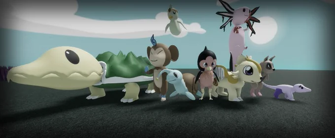 An image shot in an older version of Feterian Triumph, featuring the older appearances of 9 Feterians - Wirupt, Waniang, Snaildra, Liondor, Rhonimice, Revipe, Mirepl, Shlotl & Butterchick. 