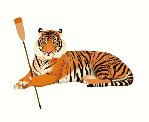 Our tiger mascot is rowing and holding an oar.  
