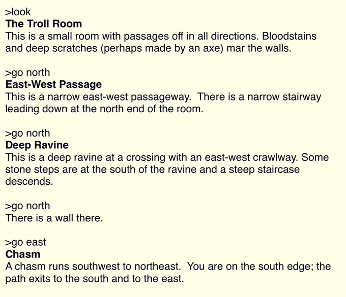 An excerpt of part of a Zork game exploring areas with different compass directions.