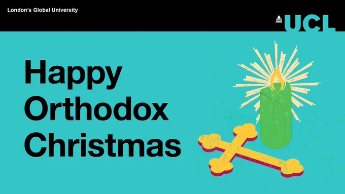 Text reads happy orthodox christmas next to a graphic of a lit candle and a cross