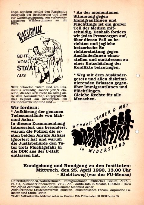 Rückseite eines Flugblatts von 1990 mit der Überschrift "Wir trauern um Mahmud Azhar". Es endet mit einem Hinweis zur "Kundgebung und Rundgang zu den Instituten: Mittwoch, Mittwoch den 25. April 1990, 13.00Uhr - Kiebitzweg (vor der FU-Mensa)".