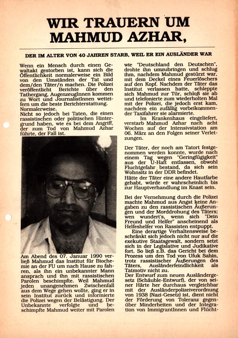 Vorderseite eines Flugblatts von 1990 mit der Überschrift "Wir trauern um Mahmud Azhar".