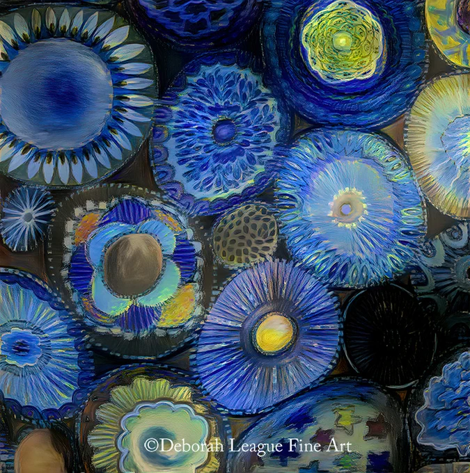 Decorated Circles In Blue Mixed Media Painting. In this image, the dark canvas is covered with what could be buttons in a box, pieces of glass, stylized geodes or beautiful hand-painted plates.

Available as wall art, totes, shower curtains, jigsaw puzzles, apparel, phone cases, laptop skins, stickers and more.
