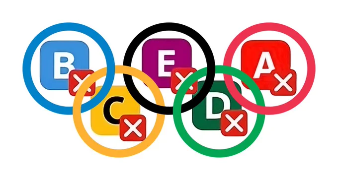 Le logo des JO détourné : à l’intérieur des cercles le logo des lignes de RER avec la croix qui indique qu’un incident s’est produit