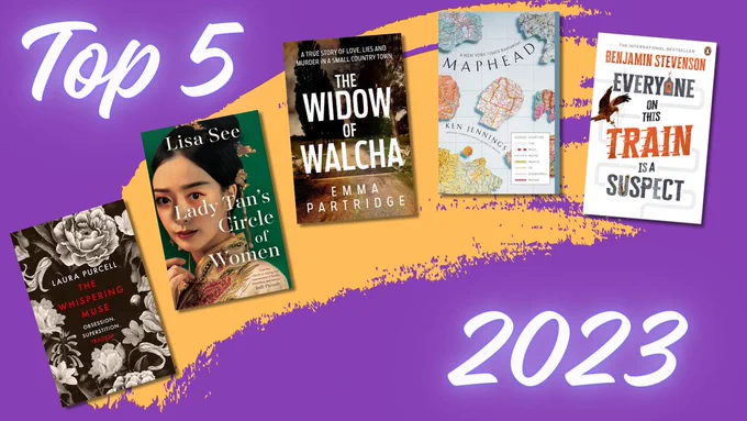 Top 5 books of 2023 image by Carpe Librum, showing the books mentioned in the body of the Tweet against a purple and yellow background.