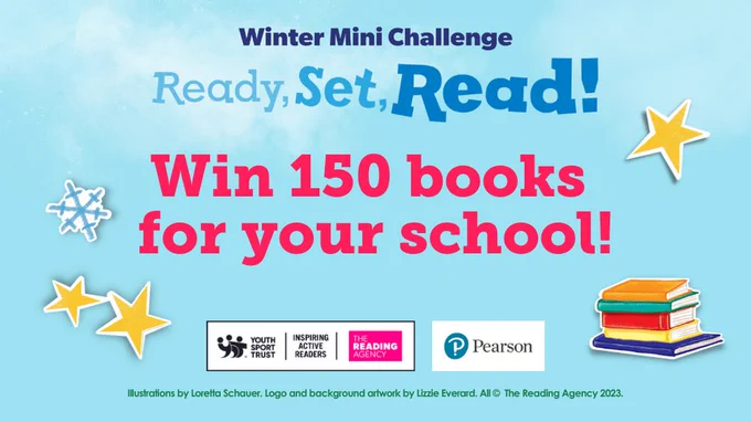Graphic with illustrated books, stars and snowflakes. Text reads: Winter Mini Challenge. Ready, Set, Read! Win 150 books for your school!