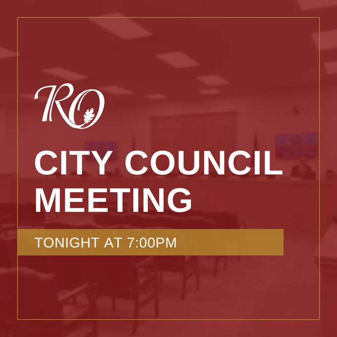 Red Background with text: City Council Meeting - Tonight at 7pm