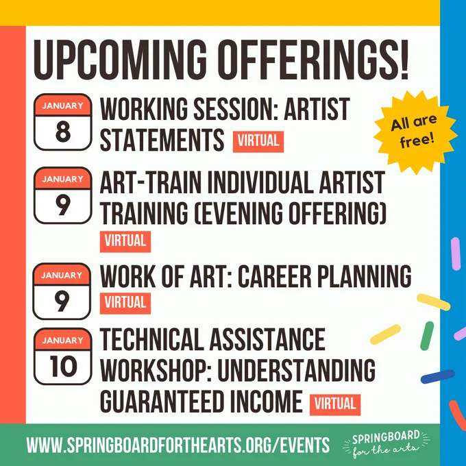 A list of upcoming workshops and events offered by Springboard for the Arts from January 8 through 10, 2024. Information about all upcoming events can be found on our website, www.springboardforthearts.org/events.