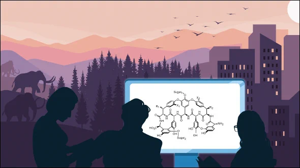 3 Leute schauen auf einen Bildschirm mit einer chemischen Strukturformel. Dahinter eine Landschaft mit Mammuts, Bergen, Bäumen, Vögeln und Hochhäusern.