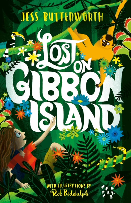 Cover image of Lost on Gibbon Island by Jess Butterworth. A girl is in a brightly coloured jungle with various tropical animals and birds.
