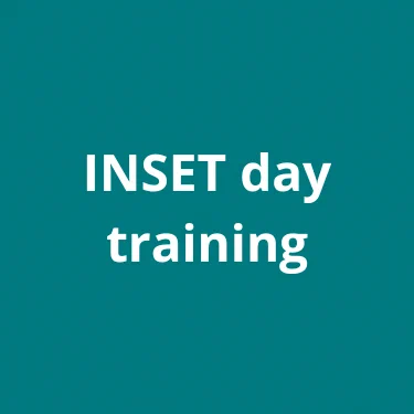 Dark green background with writing in white that reads INSET day training