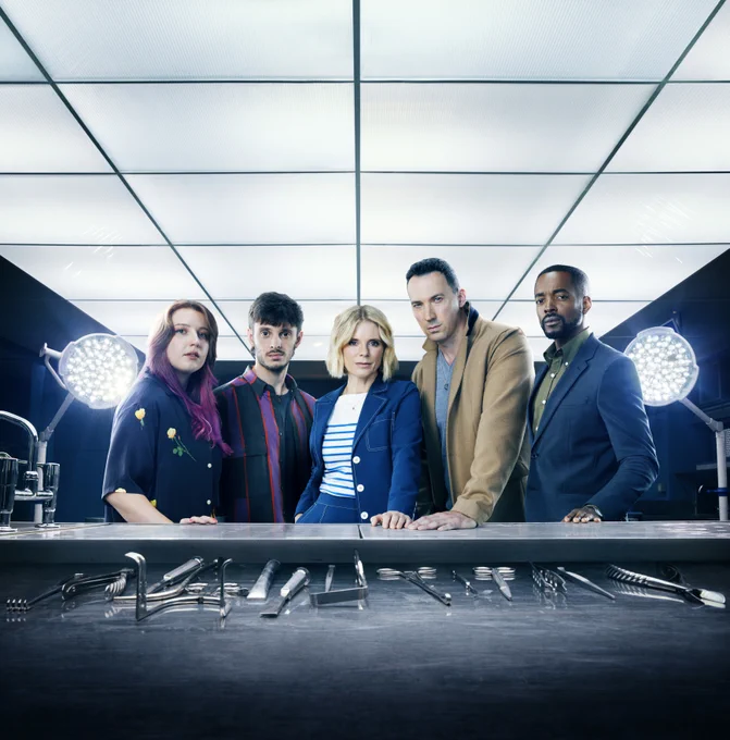Image of the cast: Cara Connelly (RHIANNON JONES), Velvy Schur (ALASTAIR MICHAEL), Dr Nikki Alexander (EMILIA FOX), Jack Hodgson (DAVID CAVES), Gabriel Folukoya (AKI OMOSHAYBI).
