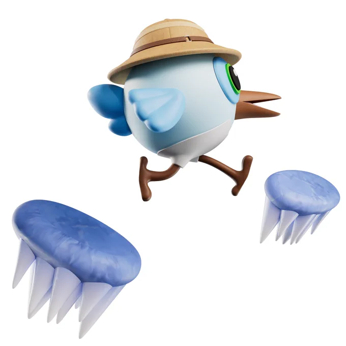 Image of Flutter's mascot, Dash, jumping between two stepping stones.