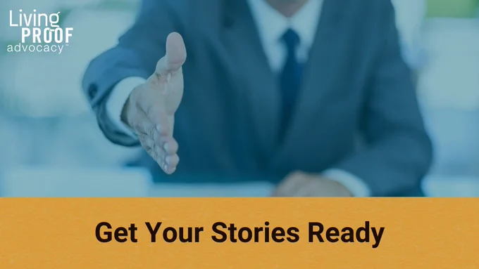 Photo of the outstretched hand of a legislator inviting you to speak. Caption: Get your stories ready.
