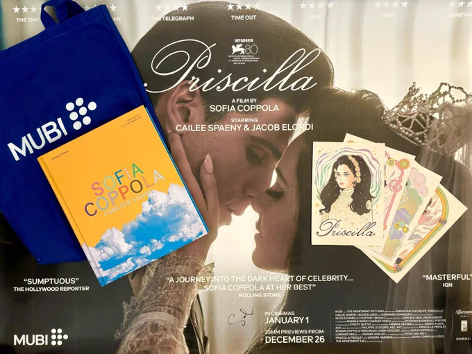 Picture of Priscilla prize bundle including quad poster, a blue MUBI tote bag, Priscilla postcards and Sofia Coppola: Forever Young book