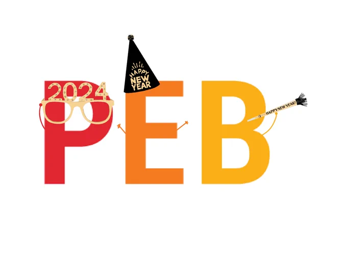PEB logo made into charcters with each letter wearing "Happy New Year" attire
