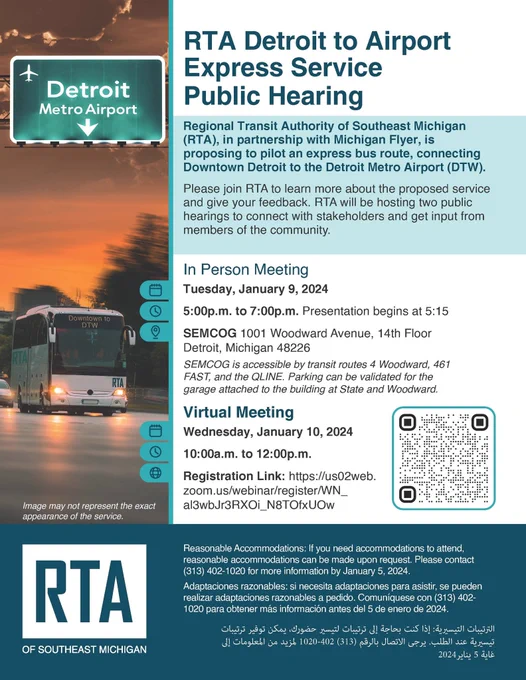 RTA public hearing announcement with a bus traveling under a Detroit Metro Airport sign on the left